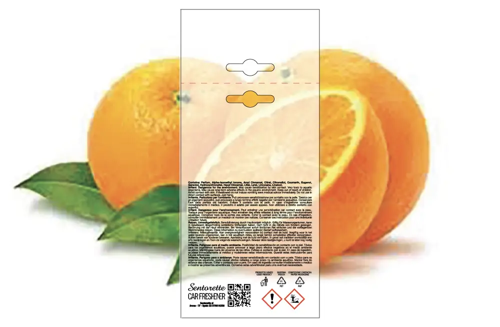 Template packaging personalizzato profumatore auto, fragranza:Arancia