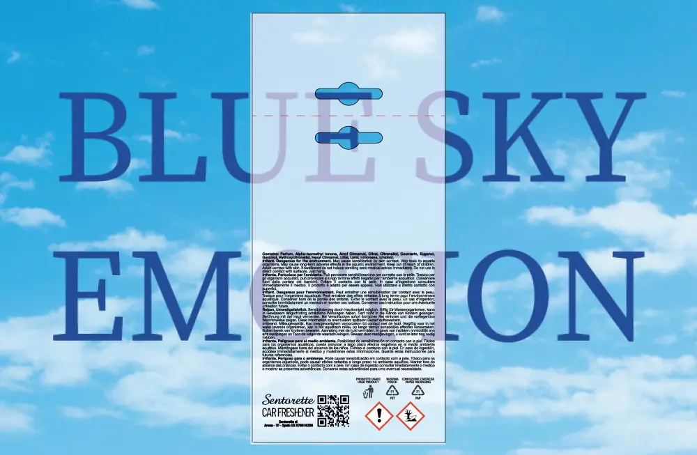 Template packaging personalizzato profumatore auto, fragranza:Blue Sky Emotion