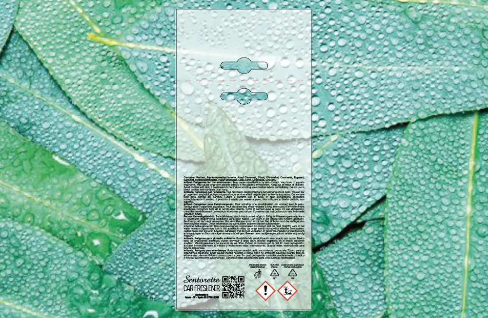 Template packaging personalizzato profumatore auto, fragranza:Eucalipto Wellness