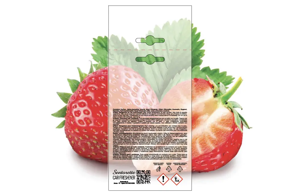 Template packaging personalizzato profumatore auto, fragranza:Fragola