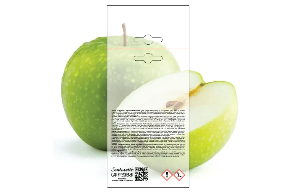 Template packaging personalizzato profumatore auto, fragranza:Mela Verde