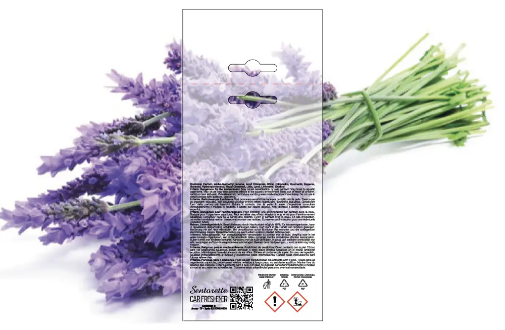 Template packaging personalizzato profumatore auto, fragranza:Lavanda