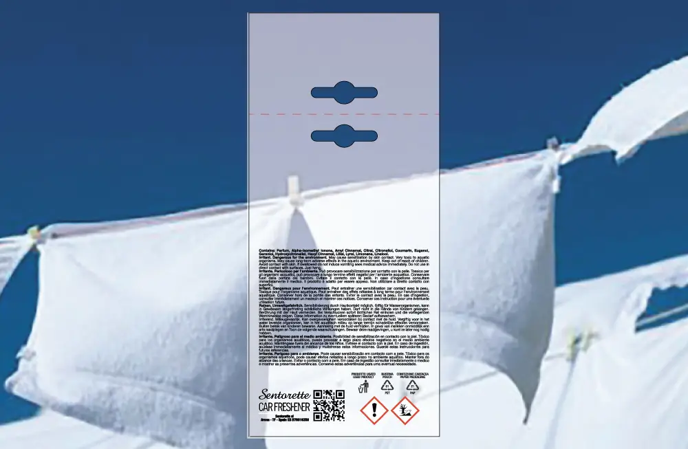 Template packaging personalizzato profumatore auto, fragranza:Sapore di Pulito