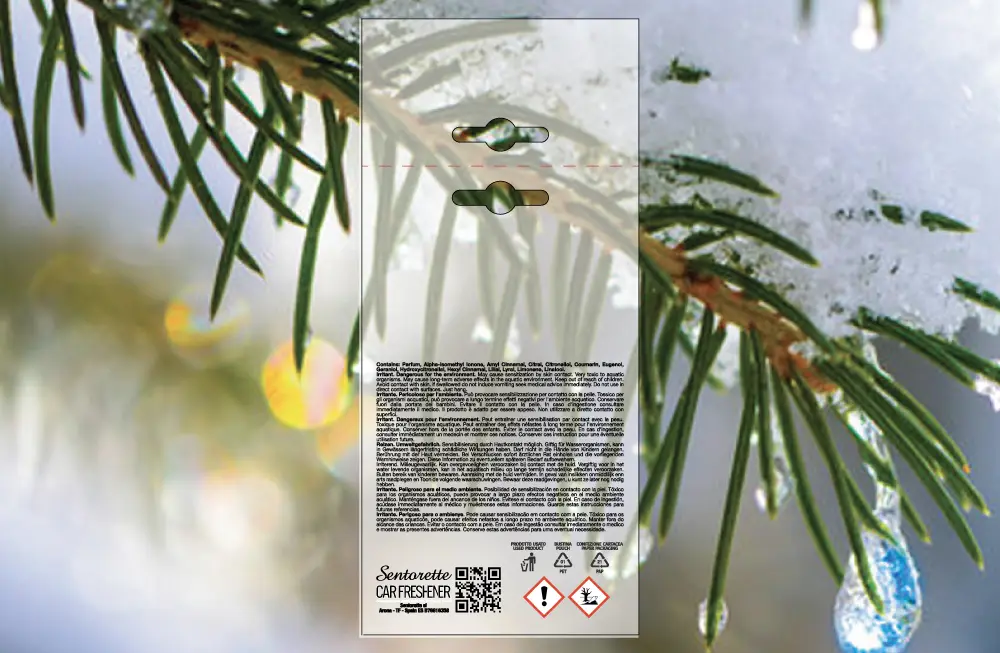 Template packaging personalizzato profumatore auto, fragranza:Winter Tree Wellness